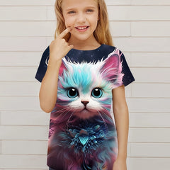 Girls Cat Graphic Short Sleeve T-shirt