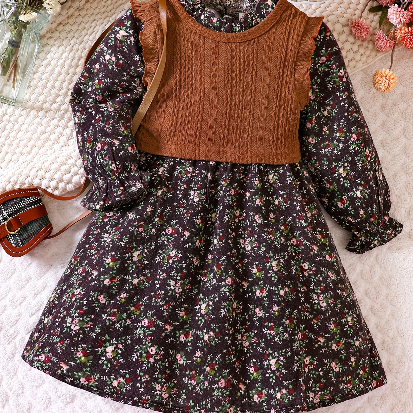 Girl's Floral Dress & Knitted Vest Set for Spring/Autumn