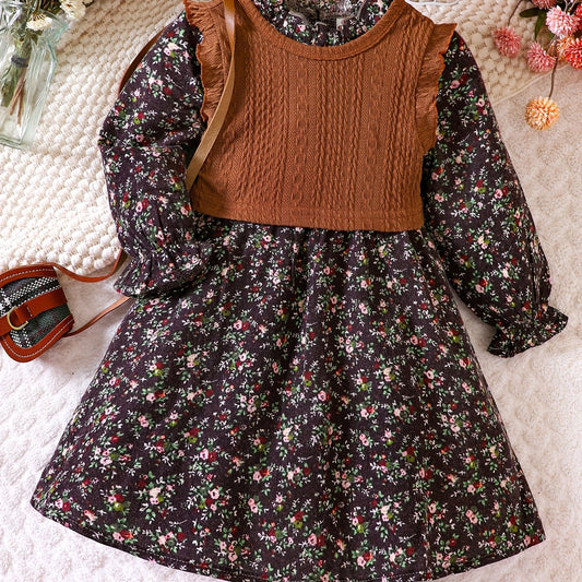 Girl's Floral Dress & Knitted Vest Set for Spring/Autumn