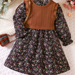 Girl's Floral Dress & Knitted Vest Set for Spring/Autumn