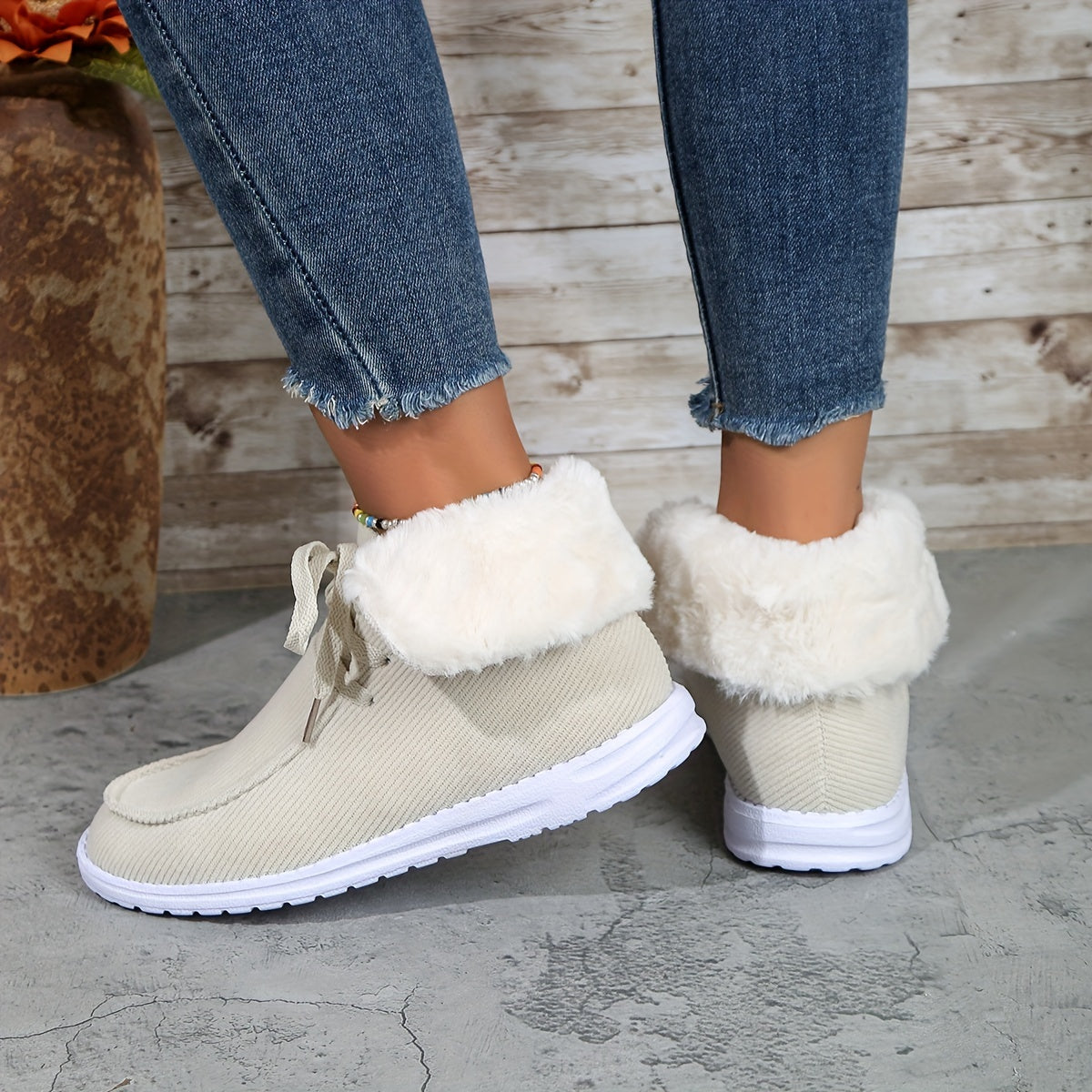 Faux Fur Fleece Lined Thermal Flat Snow Shoes Comfortable Lightweight Winter