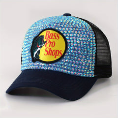 Fish Printed Patch Baseball Cap Rhinestone Block Mesh Breathable Trucker Hat