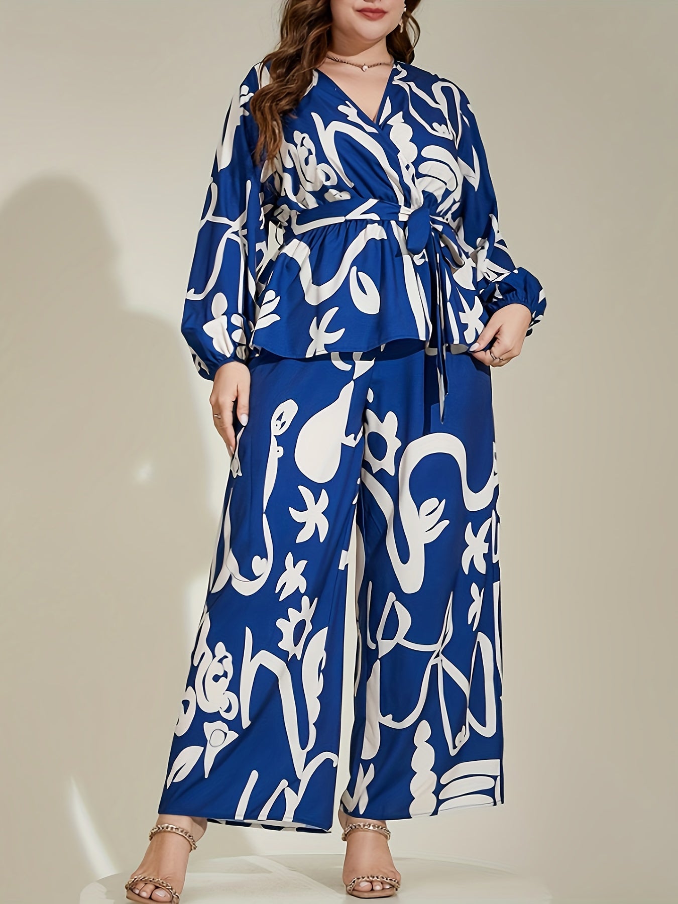 Graffiti Print Peplum Top & Wide Leg Pants Set