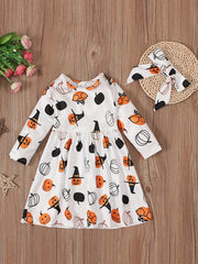 Girls Halloween Pumpkin Pattern Long-sleeved Dress Set