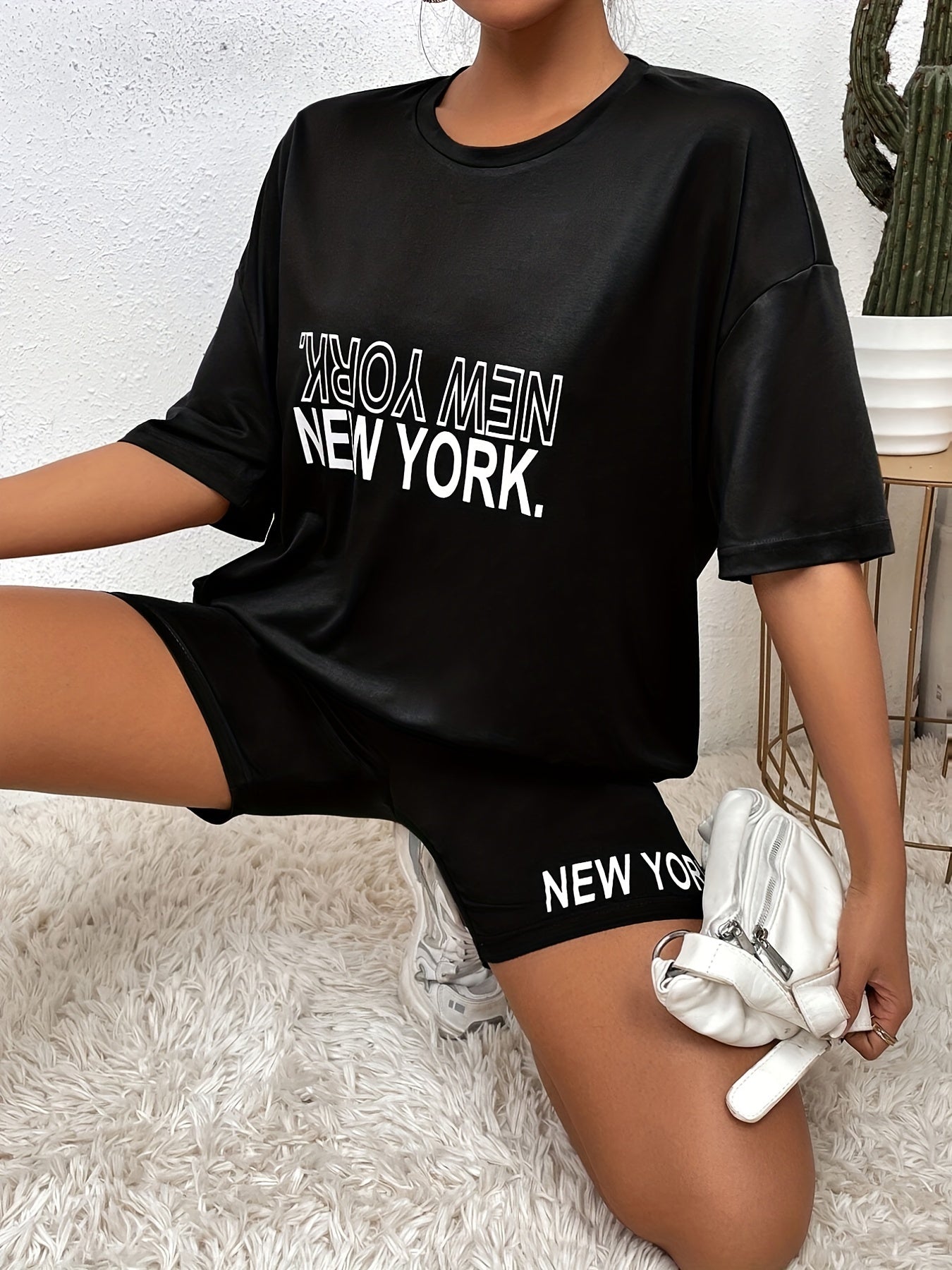 Letter Print Matching Two piece Set Casual T-shirt & Biker Shorts