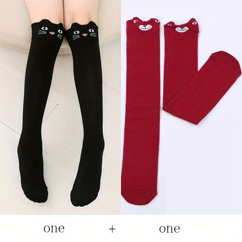 2 Pairs Kids Cat Over The Knee Socks Autumn Winter Girls Cartoon Socks