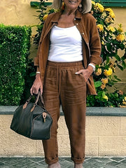 Solid Long Sleeve Button Up Shirt & Pants Outfit Set