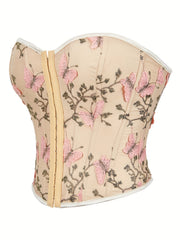 Butterfly Embroidery Strapless Corset Tummy Control Lace Up Push Up Body Shaper