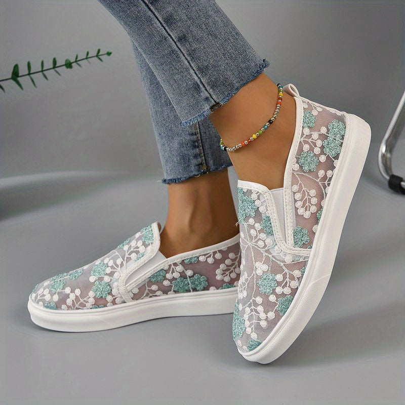Women's Floral Embroidered Slip On Mesh Sneakers