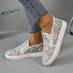 Women's Floral Embroidered Slip On Mesh Sneakers