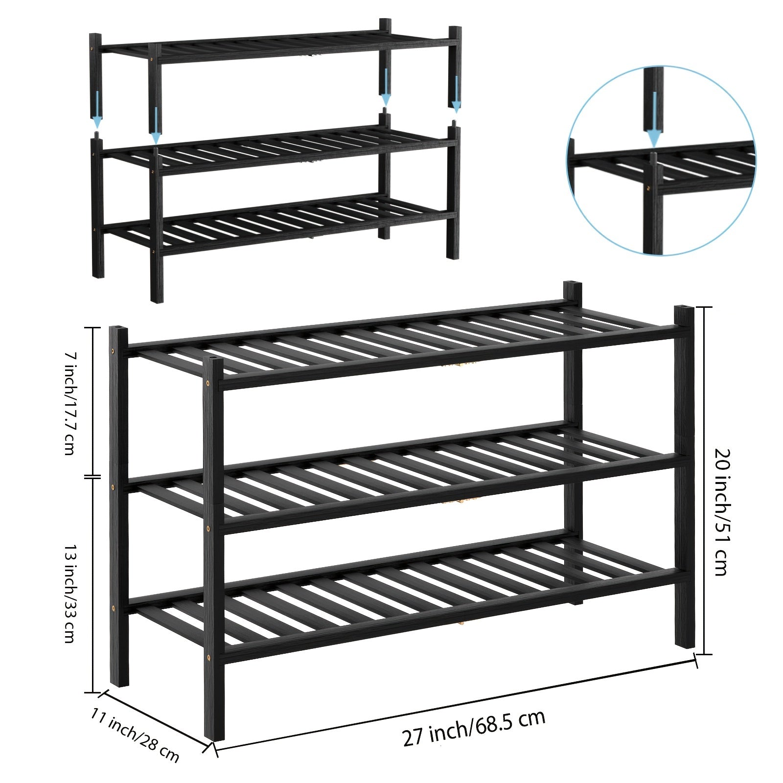 3 Tier Bamboo Shoe Rack Entryway Stackable Shoe Shelf Durable Shoe Storage