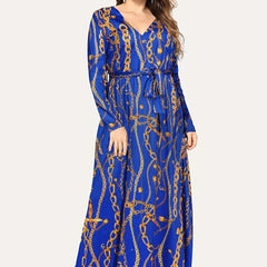 Women's Plus Chain Print Long Sleeve V Neck Maxi Dress