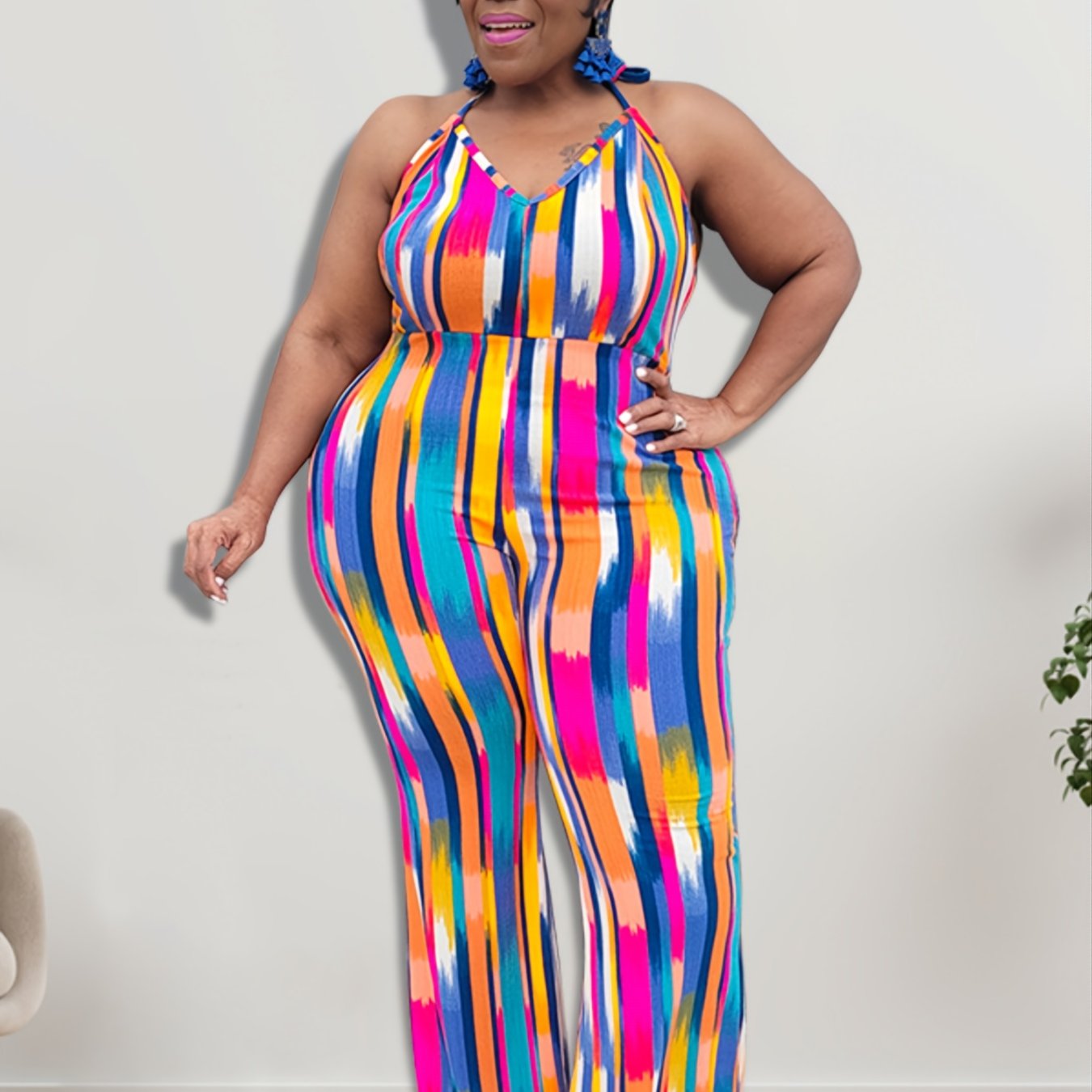 Colorblock Halter Neck Jumpsuit Plus Size Medium