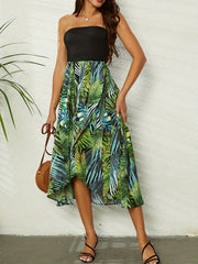 Tropical Print Split Tube Dress Boho Strapless Summer Dress Women's Clothing