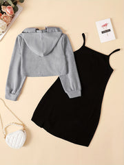 2pcs Girls Plain Hoodie & Cami Dress Set