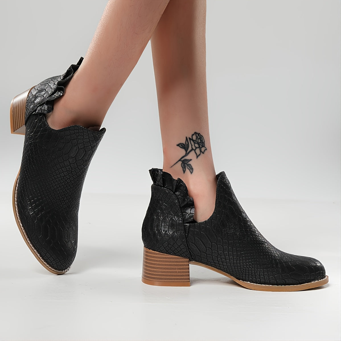 V Cut Ruffled Ankle Boots Chunky Heeled Shoes
