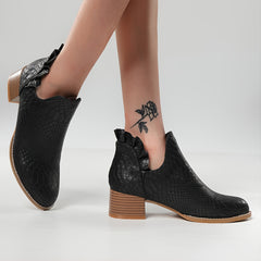 V Cut Ruffled Ankle Boots Chunky Heeled Shoes
