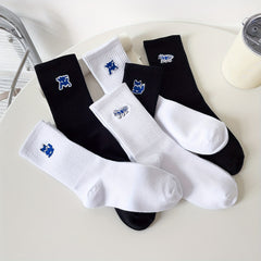 6 Pairs Fox Embroidery Socks - Comfy & Breathable Mid Tube Women's Stockings