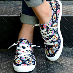 Women's Skull Pattern Canvas Shoes Low Top Lace Up Round Toe Flat Casual Shoes