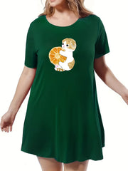 Cat & Orange Print Short Sleeve Nightdress
