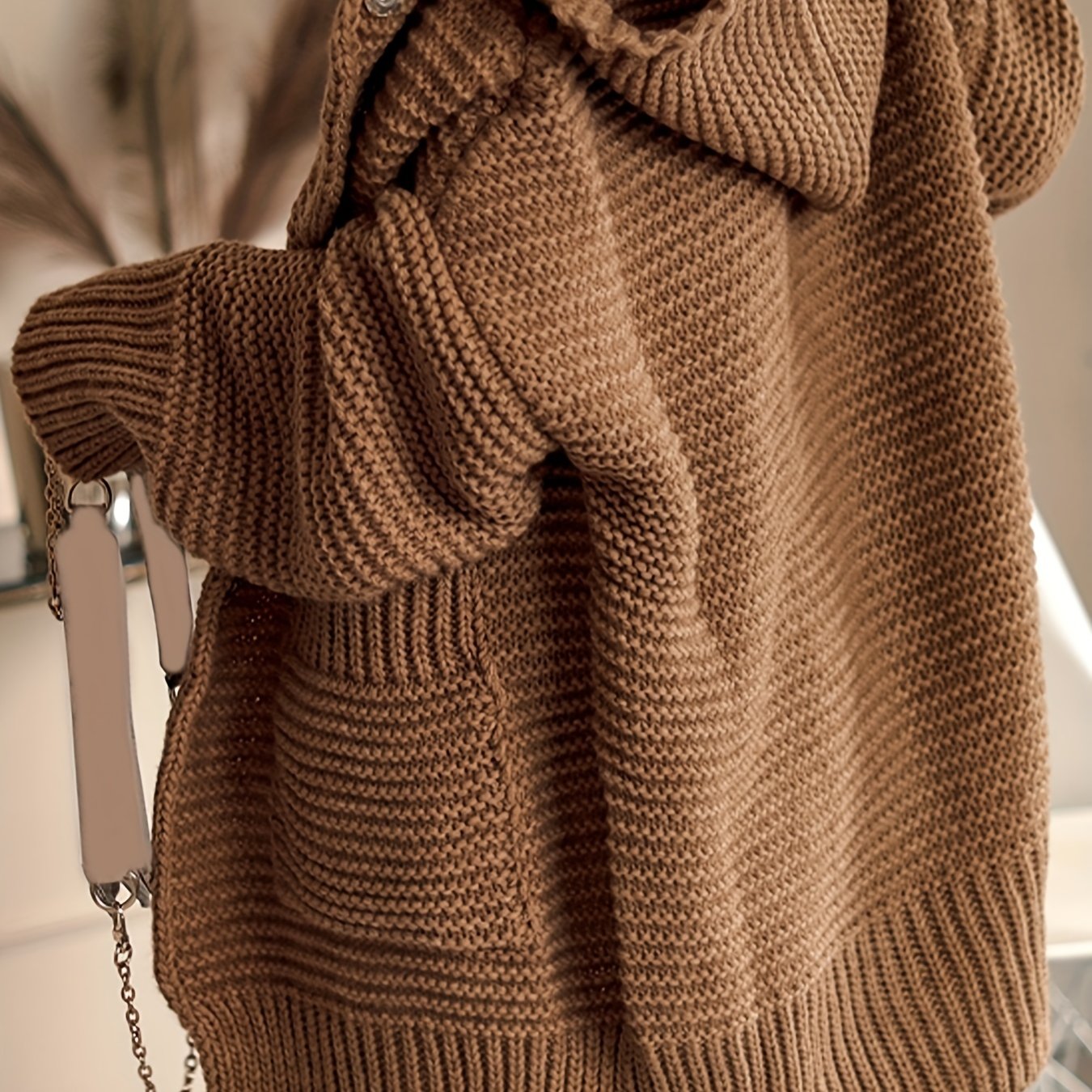 Solid Open Front Hooded Sweater Cardigan With Pockets