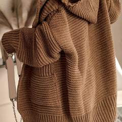Solid Open Front Hooded Sweater Cardigan With Pockets