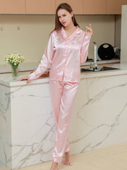 Satin Pajama Set Long Sleeve Top & Elastic Waistband Pants
