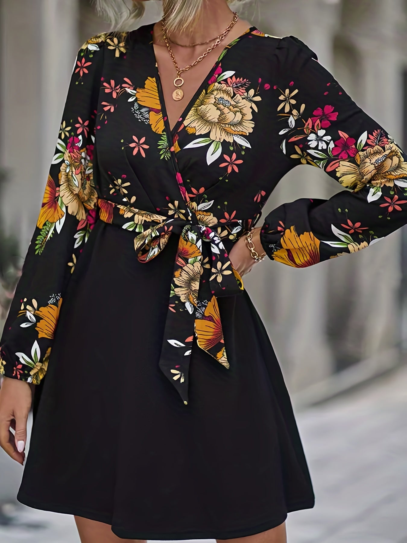 Vintage Floral Print Dress Casual Long Sleeve