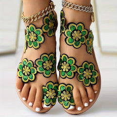 Women's Flowers Flat Sandals Faux Pearl Slip On Shoes