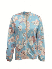 Floral Print Zipper Jacket Long Sleeve Casual Elastic Trim Women's Clothing