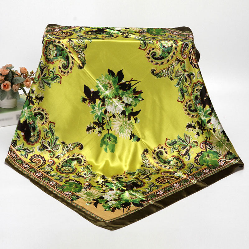 Flower Print Satin Shawl Silk Square Scarf Bandana Windproof Head Wrap