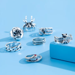 7pcs Hip Hop Style Ring Set - Skull Bat Snake Spider Distressed Vintage