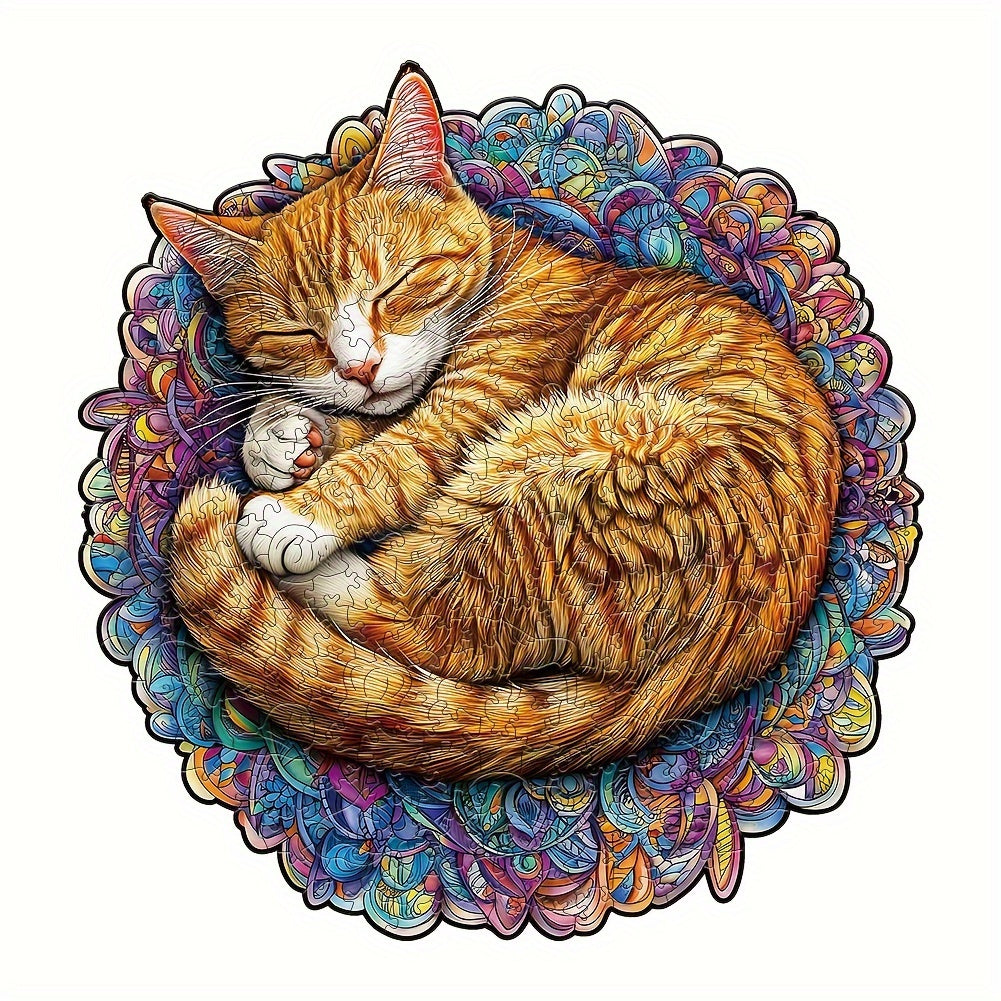 Colorful Dreaming Cat Wooden Puzzle Animal Shaped Jigsaw Brain Exercise