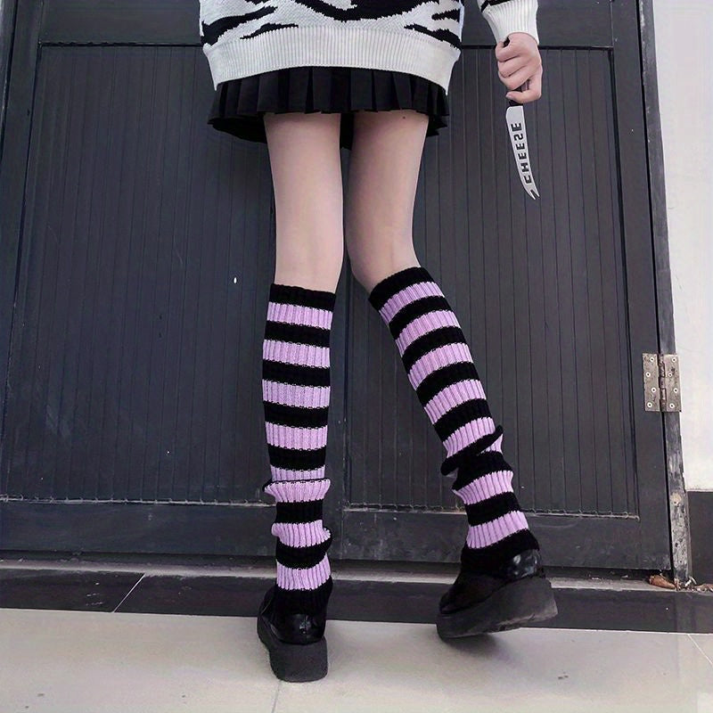 Y2K Colorblock Leg Warmers Rib Knit Knee High Socks