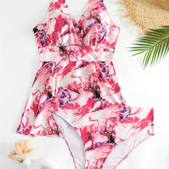 Marble Print Tankini Set with Surplice Neck Dress & Shorts