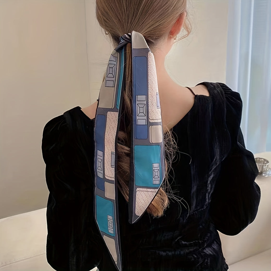 2pcs Geometric Print Skinny Scarf Long Ribbon Neckerchief Vintage Twilly Scarf