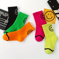 5Pairs Boys Cute Smiley Face Crew Socks for All Seasons