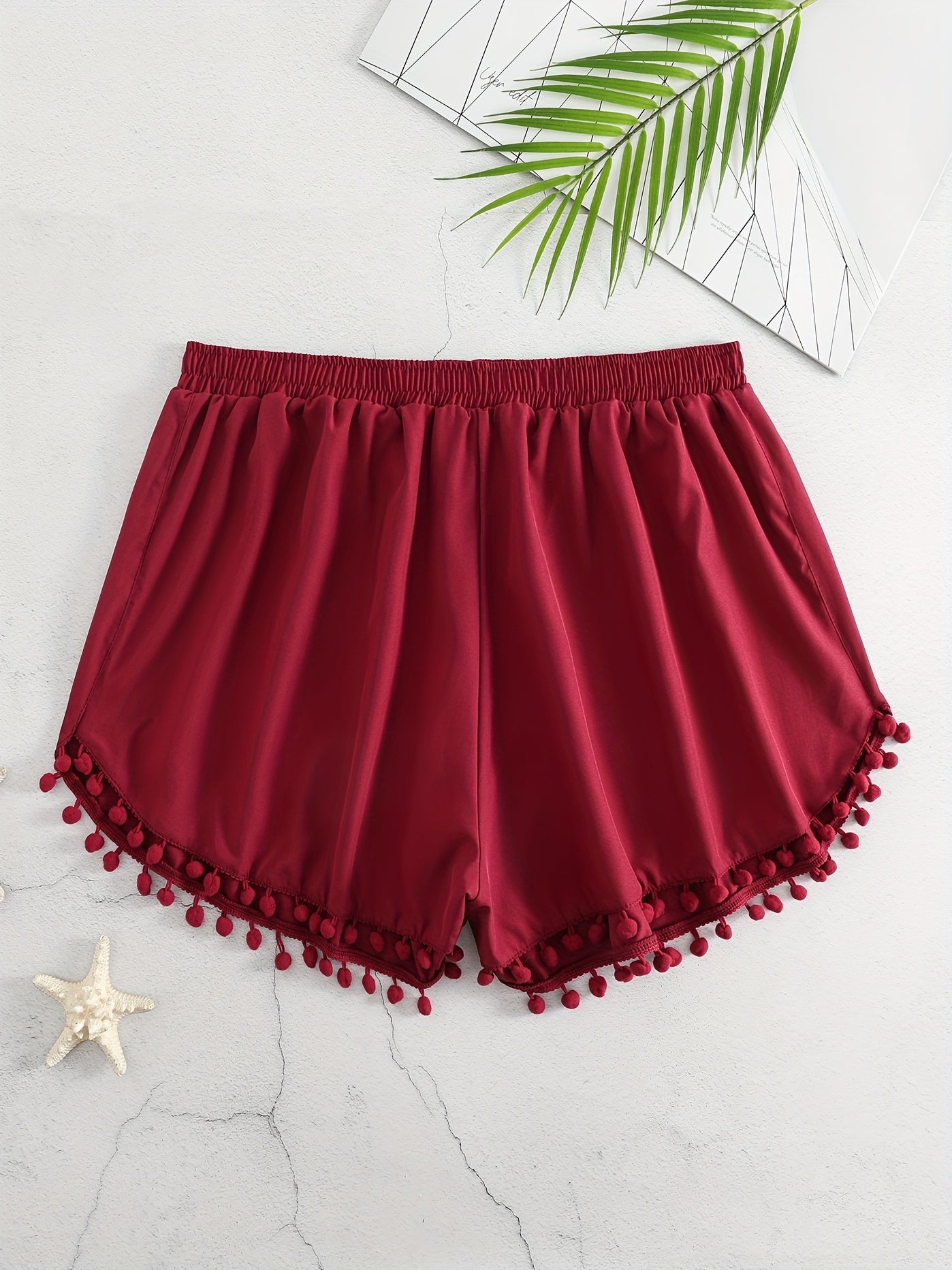 Boho Shorts Pompom Trim Elastic Stretch Shorts