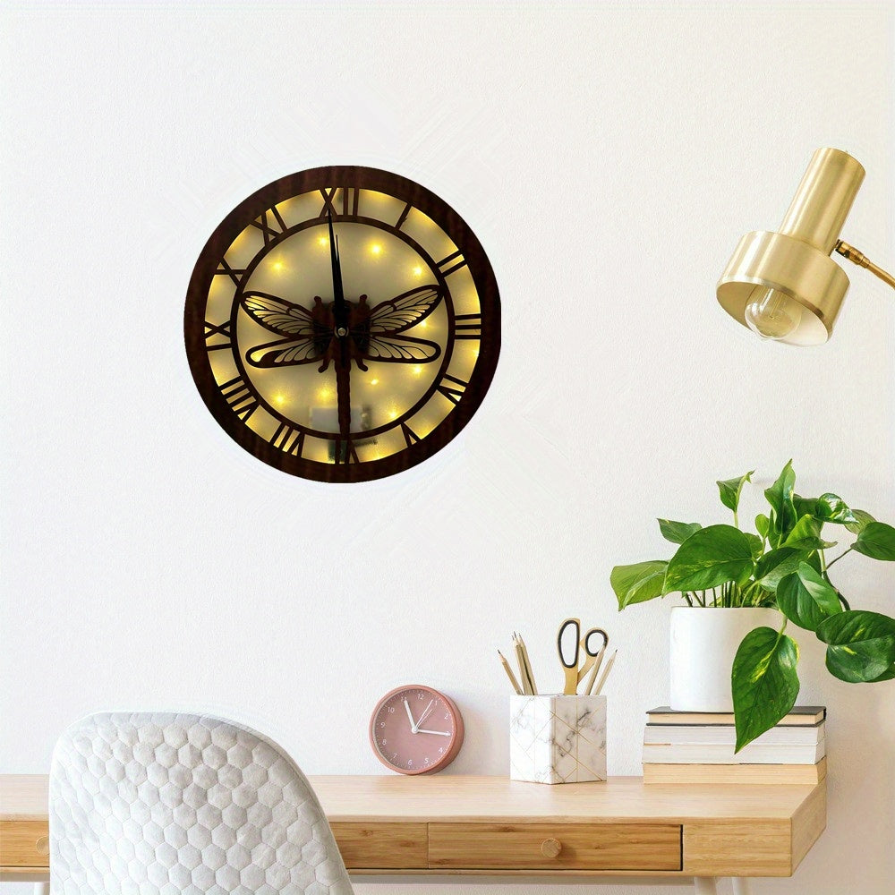 Dragonfly Wooden Clock with LED Light Control
