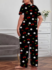 Floral & Cherry Print Plus Size Pajama Set Short Sleeve Tee & Pants Loungewear