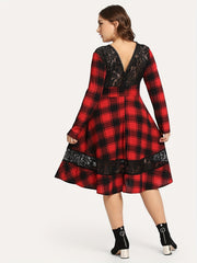 Retro Dress Women's Plus Lace Long Sleeve Round Neck Dress
