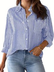 Stripe Print Long Sleeve Button Up Blouse