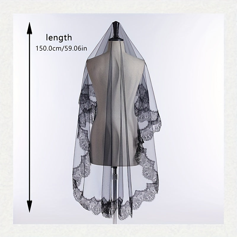 Sheer Bridal Veil with Lace Detailing and Comb