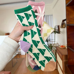 3 Pairs Geometric Print Socks Mid Tube Stockings Breathable Women's Hosiery