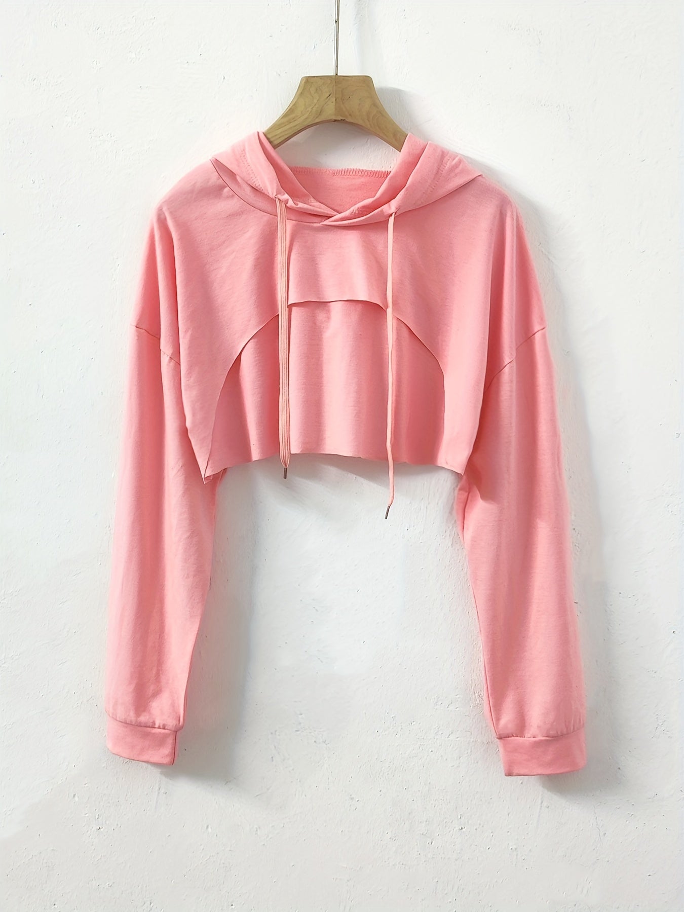 Y2K Solid Drawstring Crop Hoodie Loose Hooded Long Sleeve Crop Sweatshirt