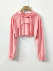Y2K Solid Drawstring Crop Hoodie Loose Hooded Long Sleeve Crop Sweatshirt