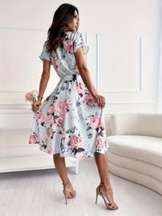 Floral V Neck Dress Tie Waist for Spring