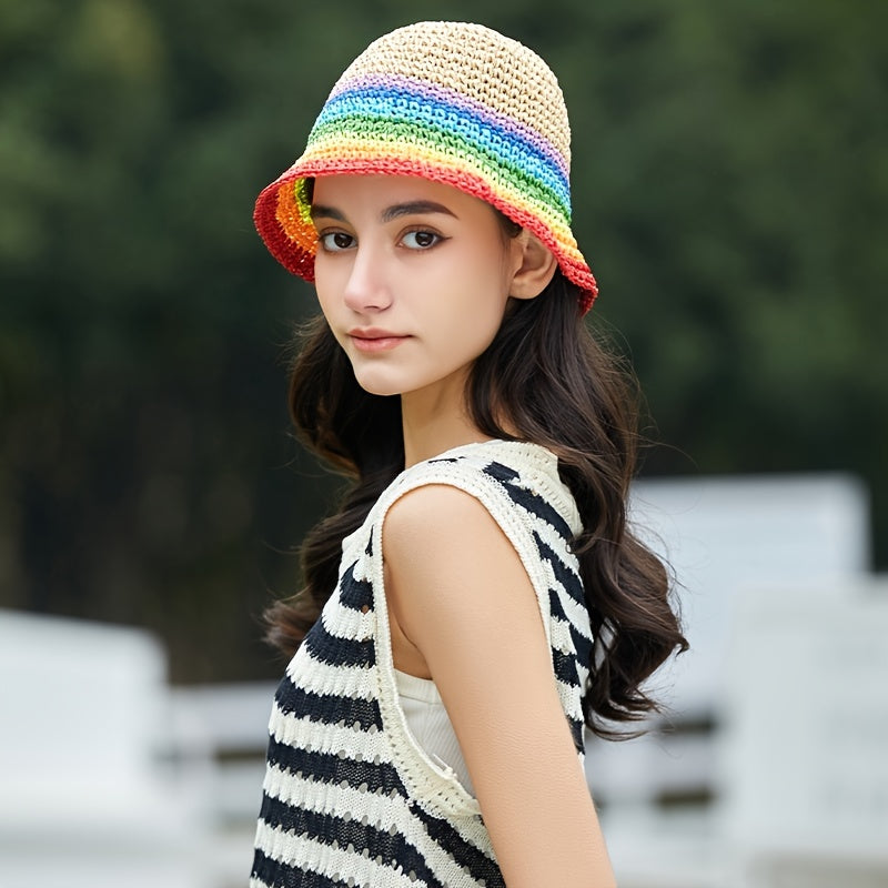 Rainbow Gradient Khaki Bucket Hat Short Brim Straw Fisherman Cap