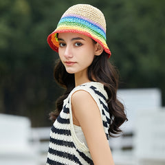 Rainbow Gradient Khaki Bucket Hat Short Brim Straw Fisherman Cap