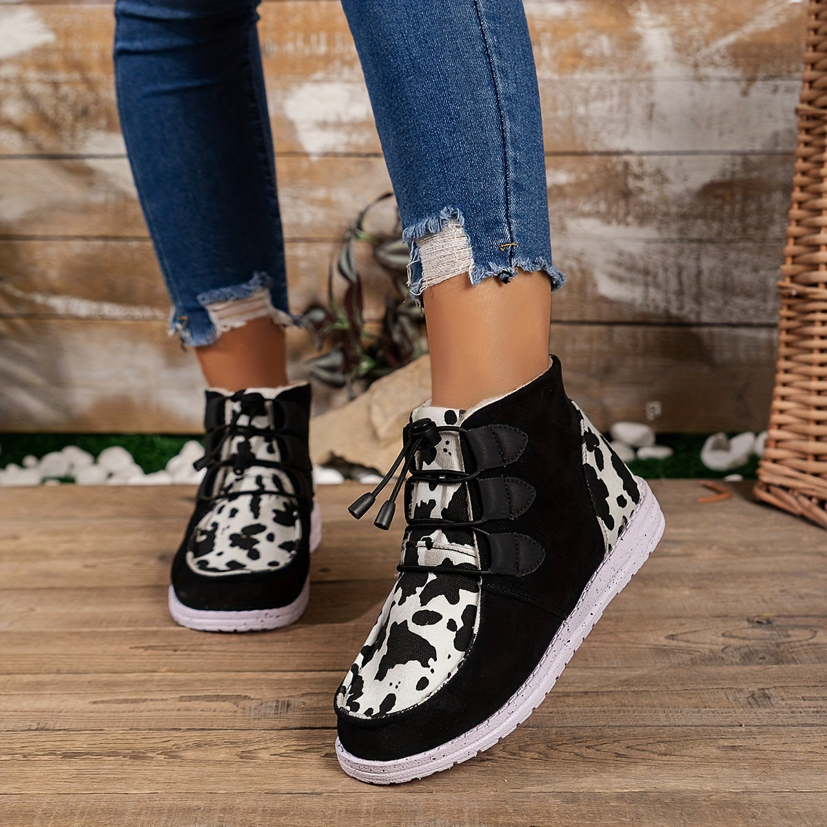 Dairy Cow Print Winter Fleece Lined Snow Boots - Warm & Anti-Slip